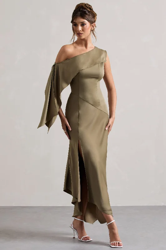 Freesia | Olive Satin Asymmetric Draped Split Maxi Dress Classic A-Line Maxi Dress