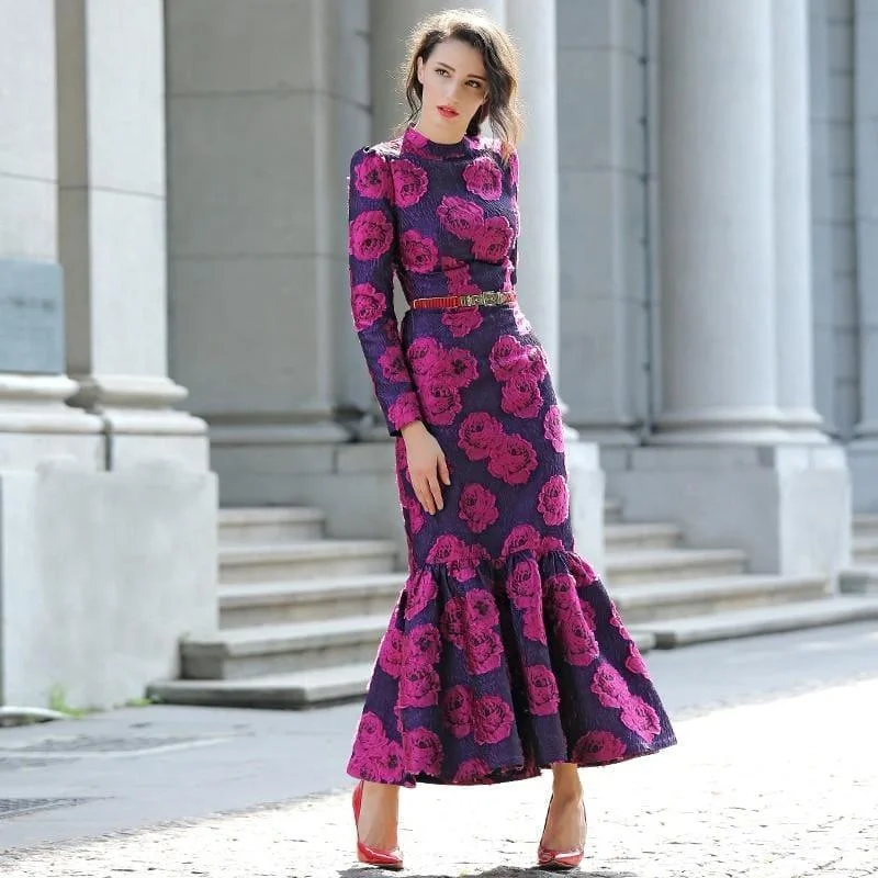 Fuchsia Vintage Flowers Mermaid Long Sleeve Maxi Dress Elegant Maxi Dress with Lace