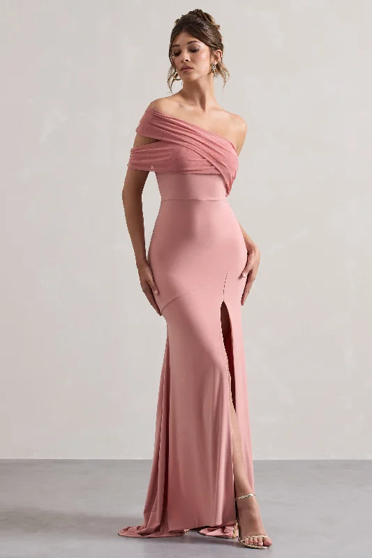 Fused | Blush Asymmetric Bardot Split Maxi Dress Trendy V-Neck Maxi Dress