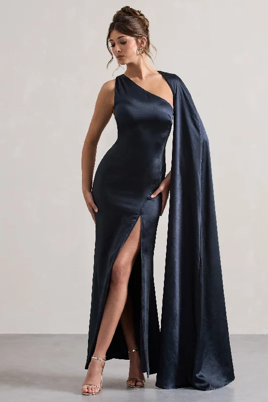 Gala | Navy Satin One-Shoulder Cape Sleeve Split Maxi Dress Elegant Tiered Maxi Dress