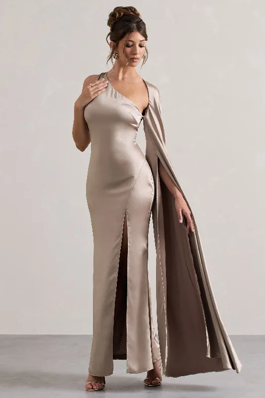 Gala | Taupe Satin One-Shoulder Cape Sleeve Split Maxi Dress Elegant Maxi Dress with Drapes