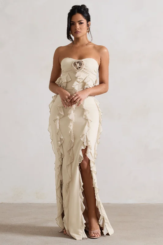 Gardenia | Champagne Strapless Ruffle Maxi Dress With Corsage Elegant Sleeveless Maxi Dress