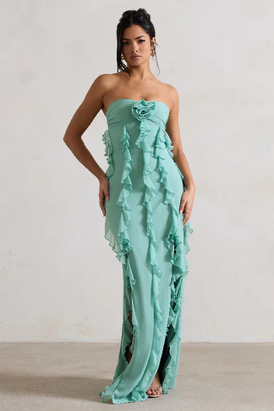 Gardenia | Mint Green Strapless Ruffle Maxi Dress With Corsage Stylish Pleated A-Line Maxi Dress