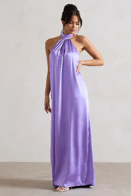 Gloriana | Lilac Satin High-Neck Maxi Dress Cozy Spaghetti Strap Maxi Dress