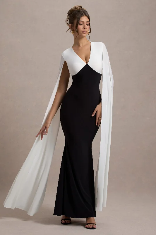 Grace Kelly | Black & White Plunge-Neck Maxi Dress With Cape Sleeves Classic Tulle Maxi Dress