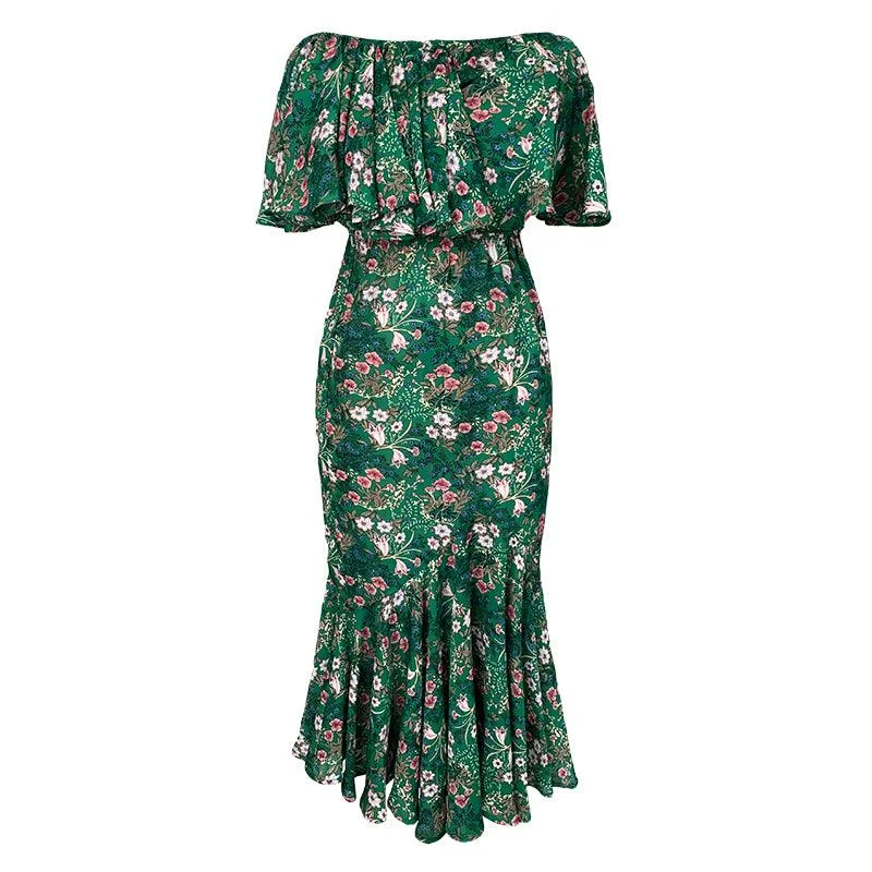 Green Satin Off Shoulder Floral Casual Slim A-Line Maxi Dress Trendy Maxi Dress with Belt