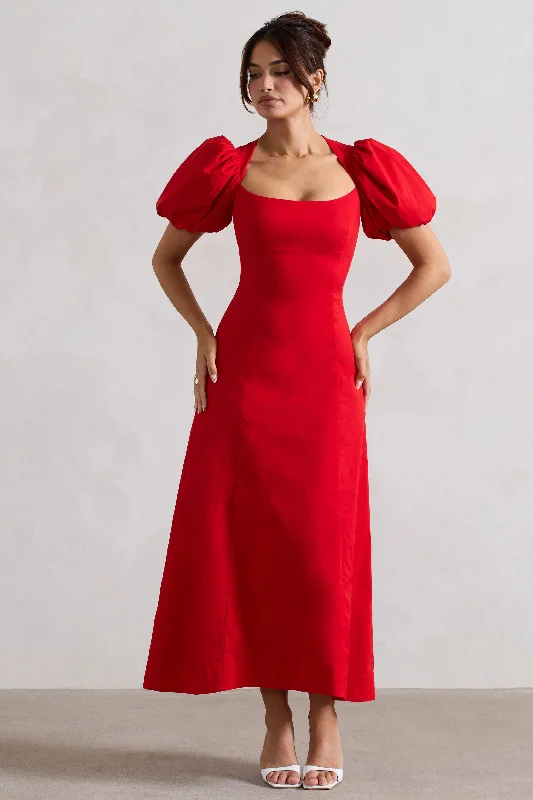 Hacienda | Red Poplin Puff-Sleeve Maxi Dress Classic Strapless Maxi Dress