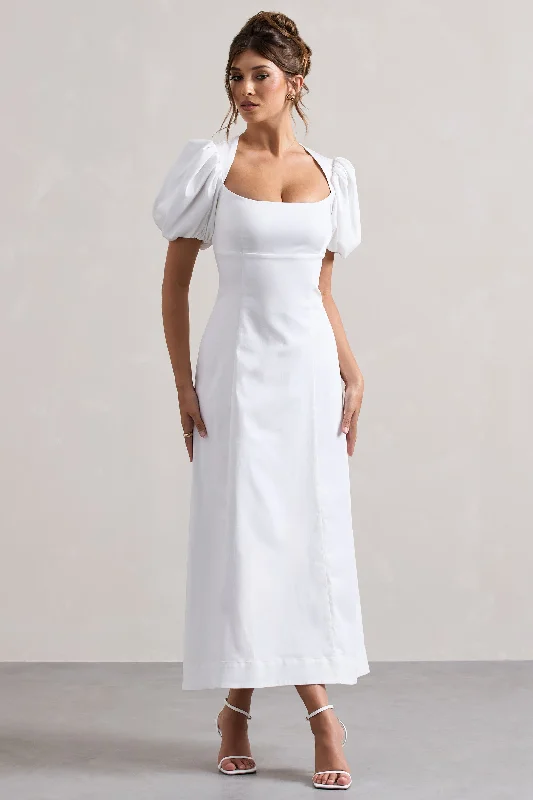 Hacienda | White Poplin Puff-Sleeve Maxi Dress Cozy Open-Back Maxi Dress