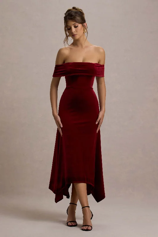 Halia | Berry Velvet Bardot Maxi Dress Fashionable Asymmetrical Maxi Dress