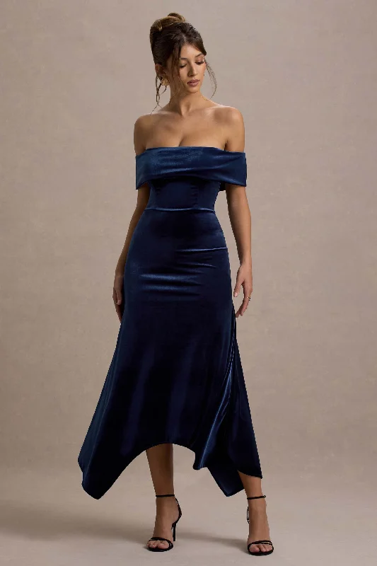 Halia | Navy Velvet Bardot Maxi Dress Trendy A-Line Maxi Dress