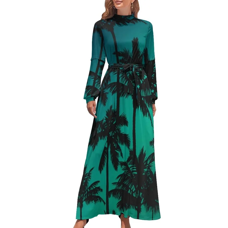 Zjkrl - Hawaii Beach Dress Palm Tree Pirnt Sexy Fashion Maxi Dress High Waist Long Sleeve Street Wear Boho Beach Long Dresses Stylish Button-Up Maxi Dress