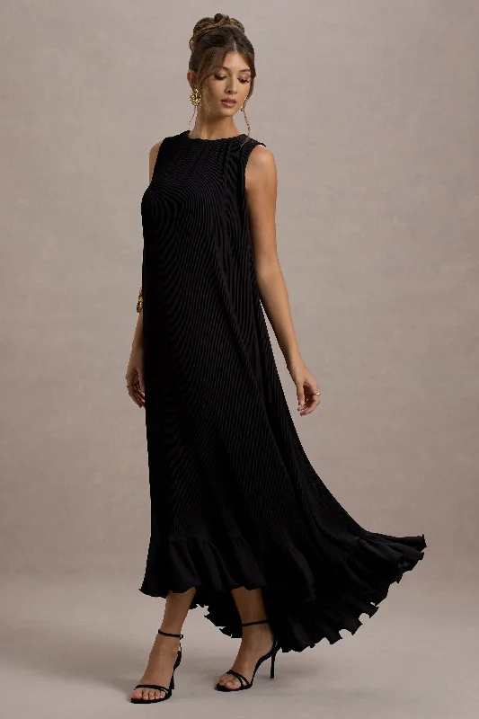 Hazelle | Black Chiffon A-Line Ruffled Maxi Dress Elegant Maxi Dress with Belt