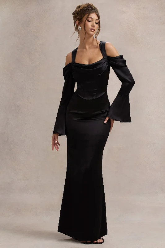 Heartthrob | Black Satin Draped Bardot Maxi Dress Comfortable Cotton Maxi Dress