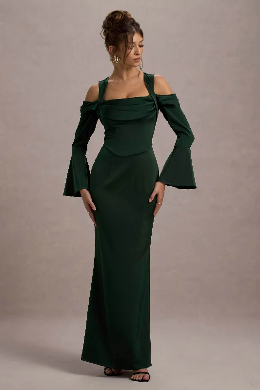 Heartthrob | Green Satin Draped Bardot Maxi Dress Fashionable Layered Maxi Dress