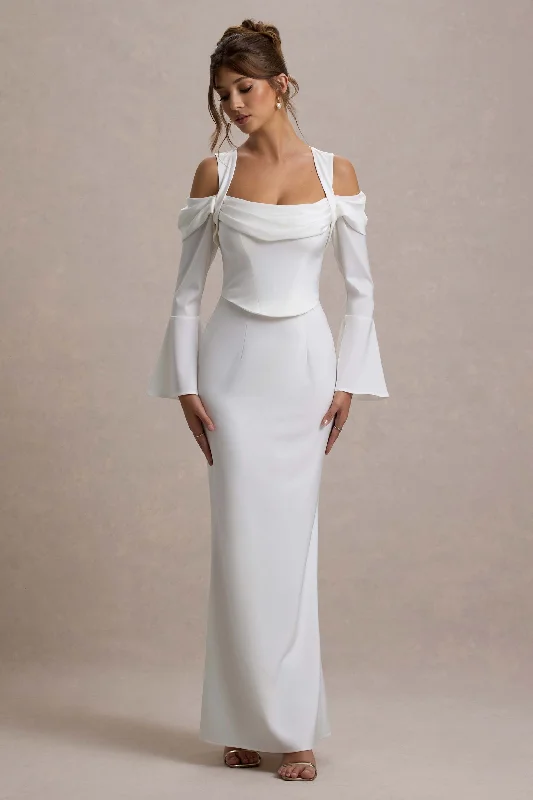 Heartthrob | Ivory Satin Draped Bardot Maxi Dress Cozy Knitted Maxi Dress