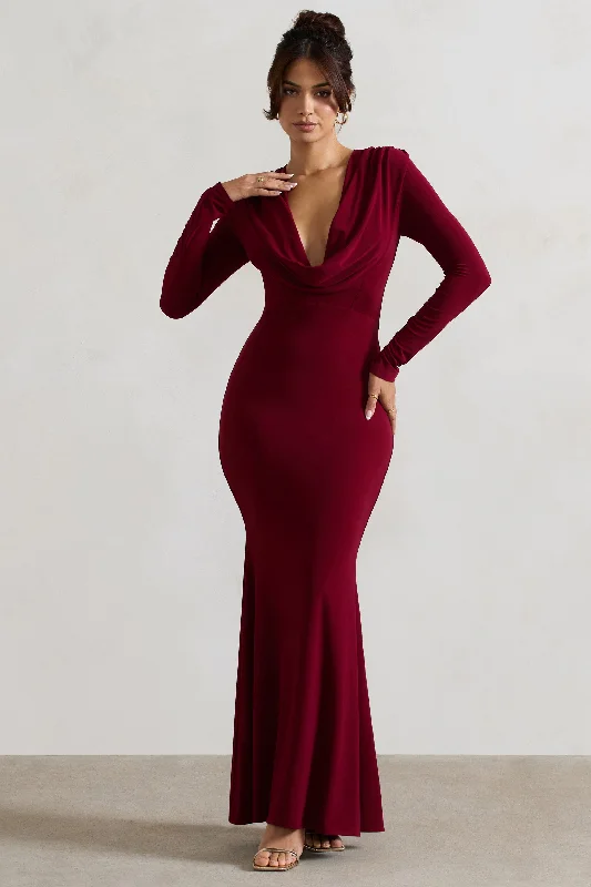 Heavy Heart | Berry Cowl-Neck Long-Sleeve Maxi Dress Fashionable Maxi Dress with Fringe