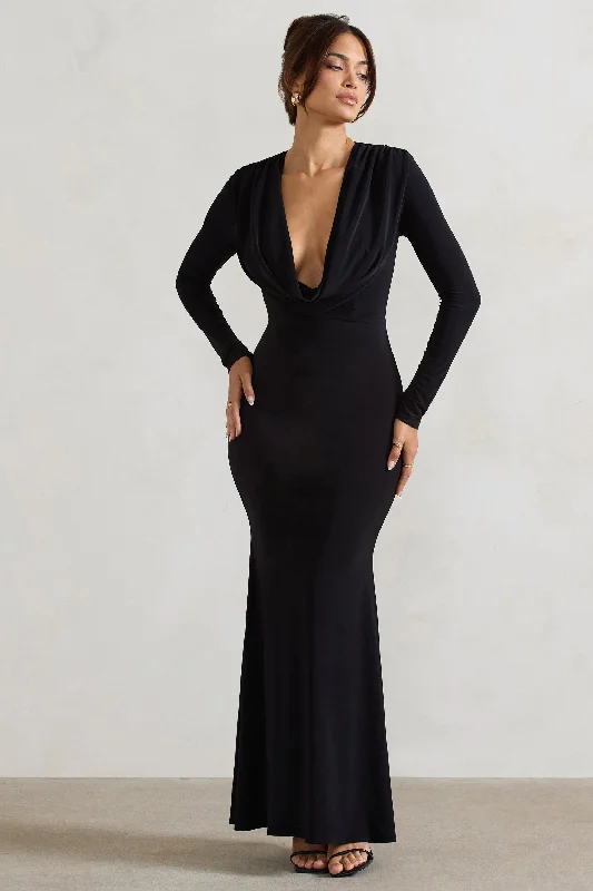 Heavy Heart | Black Cowl-Neck Long-Sleeve Maxi Dress Elegant Lace Maxi Dress