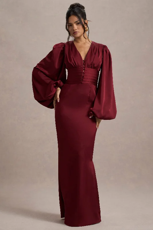 Helsinki | Berry Satin V-Neck Balloon Sleeve Maxi Dress Comfortable Fit-and-Flare Maxi Dress