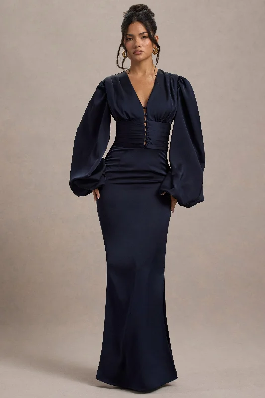 Helsinki | Navy Satin V-Neck Balloon Sleeve Maxi Dress Classic Strapless Maxi Dress