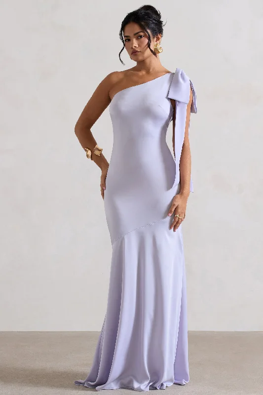 Here For Love | Lilac Satin Asymmetric Maxi Dress With Bow Fashionable Asymmetrical Maxi Dress