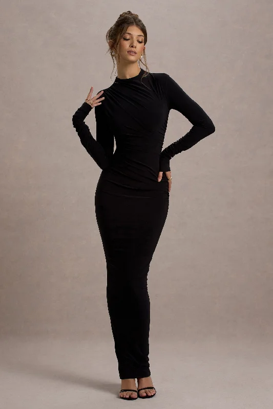 Hespera | Black High-Neck Long-Sleeve Gathered Maxi Dress Chic Sleeveless Maxi Dress