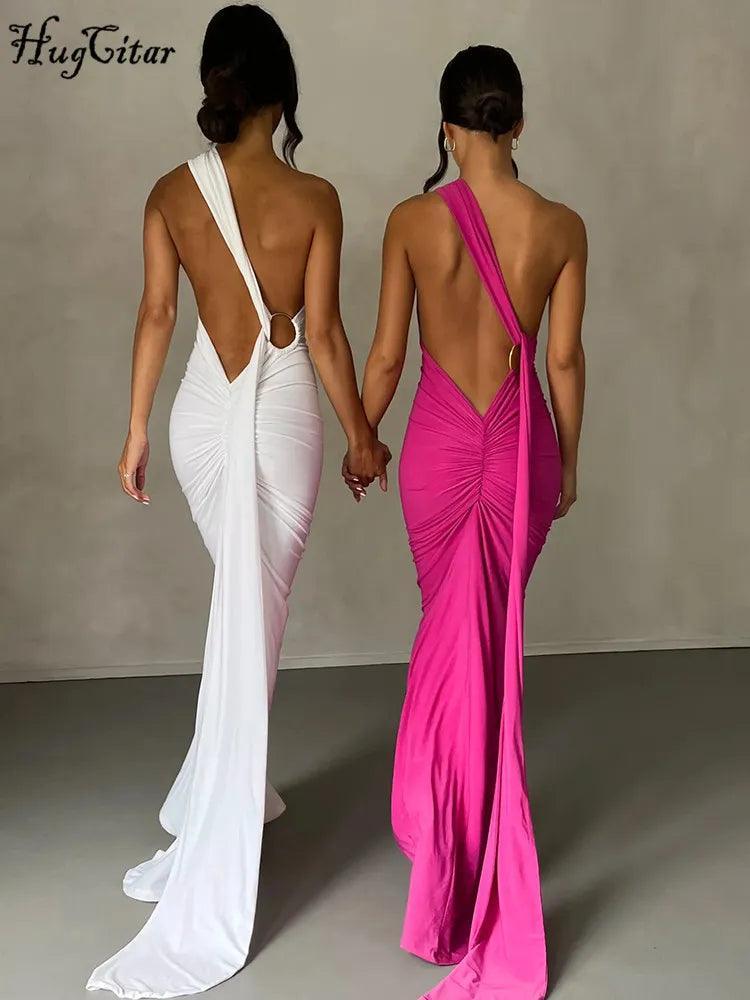 Elegant One-Shoulder Evening Gown: Luxe Maxi Dress with Backless Detail Comfortable Flowy Maxi Dress