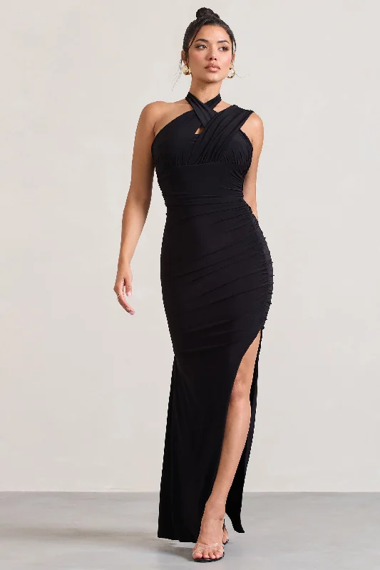 Ignite | Black Strappy Halter-Neck Asymmetric Maxi Dress Fashionable Faux Wrap Maxi Dress