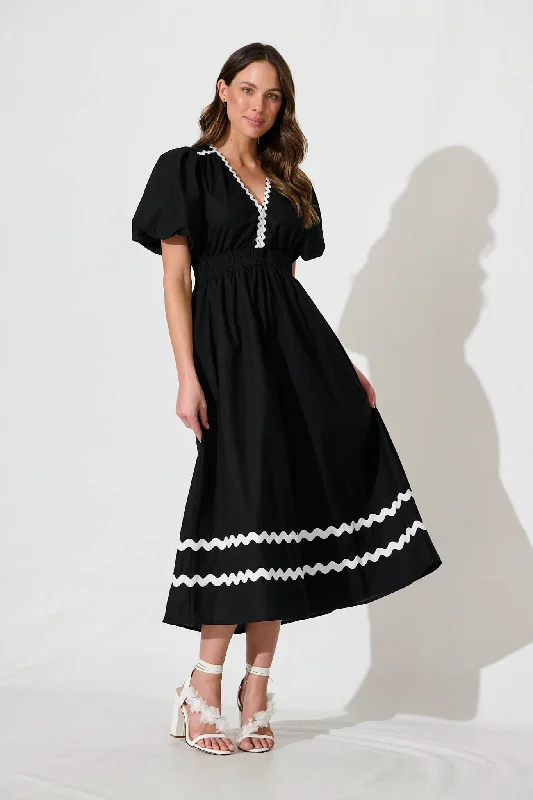 Indi Maxi Dress In Black With White Ric Rac Trim Cotton Stylish V-Neck Maxi Dress