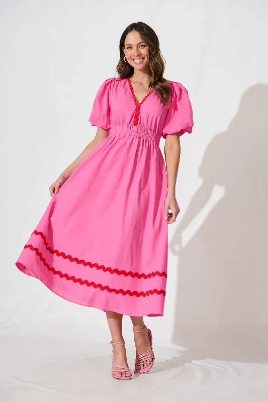 Indi Maxi Dress In Pink With Red Ric Rac Trim Cotton Fashionable Sheer Maxi Dress