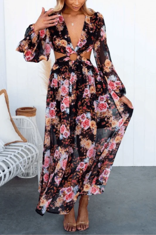 Island Hopping Maxi Dress - Black Floral Trendy Button Front Maxi Dress