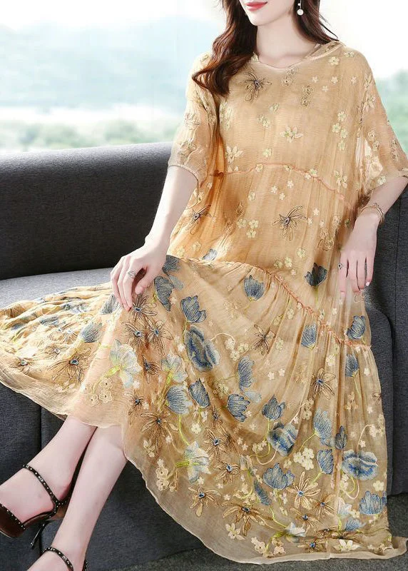 Italian Apricot Embroidered Hooded Extra Large Hem Silk Maxi Dresses Summer Fashionable Button-Down Maxi Dress