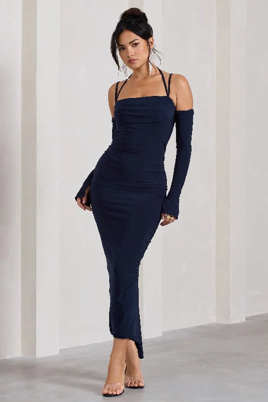 Jessie | Navy Strappy Long-Sleeved Bodycon Maxi Dress Stylish Pleated A-Line Maxi Dress