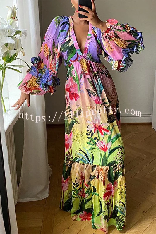 Lilipretty Jessy Tropical Print Tiered Ruffle Balloon Sleeve Vacation Maxi Dress Trendy Maxi Dress with Lace Lilipretty Jessy Tropical Print Tiered Ruffle Balloon Sleeve Vacation Maxi Dress Trendy Maxi Dress with Lace