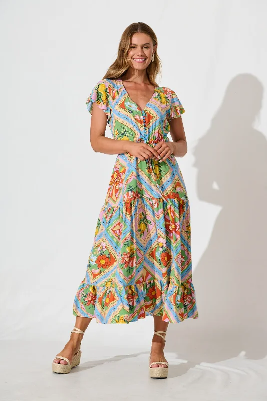 Karlene Maxi Dress In Multi Tile Print Fashionable Halter Neck Maxi Dress