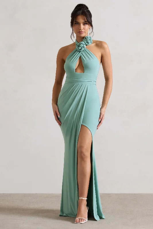 Kira | Sage Halter-Neck Cut-Out Split Maxi Dress With Flowers Trendy Fit-and-Flare Maxi Dress