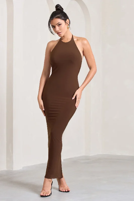 Kirsten | Chocolate Sleeveless Halter-Neck Open-Back Knot Maxi Dress Stylish A-Line Maxi Dress