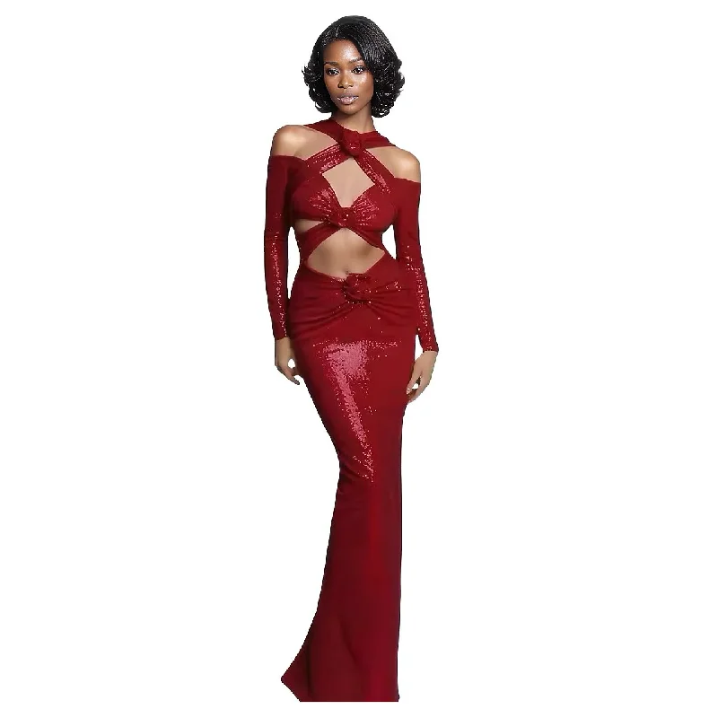 LONDON Red Sequin Cut- Out Maxi Dress Elegant Maxi Dress with Slit