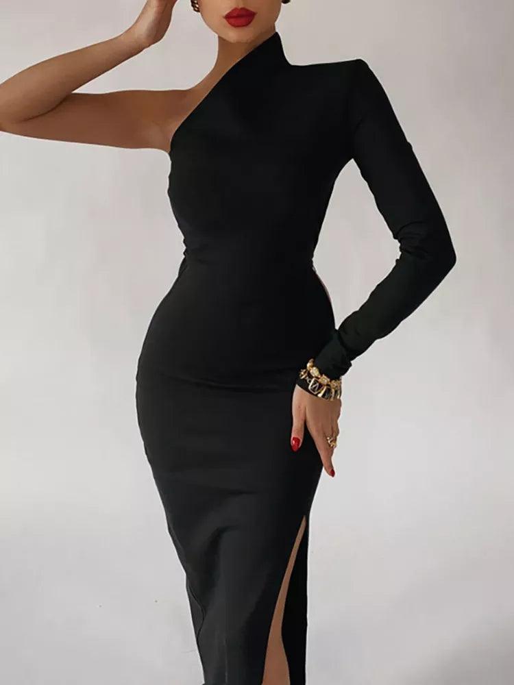 Elegant One-Shoulder Black Maxi Dress: Stylish Formal Evening Gown Trendy Fit-and-Flare Maxi Dress