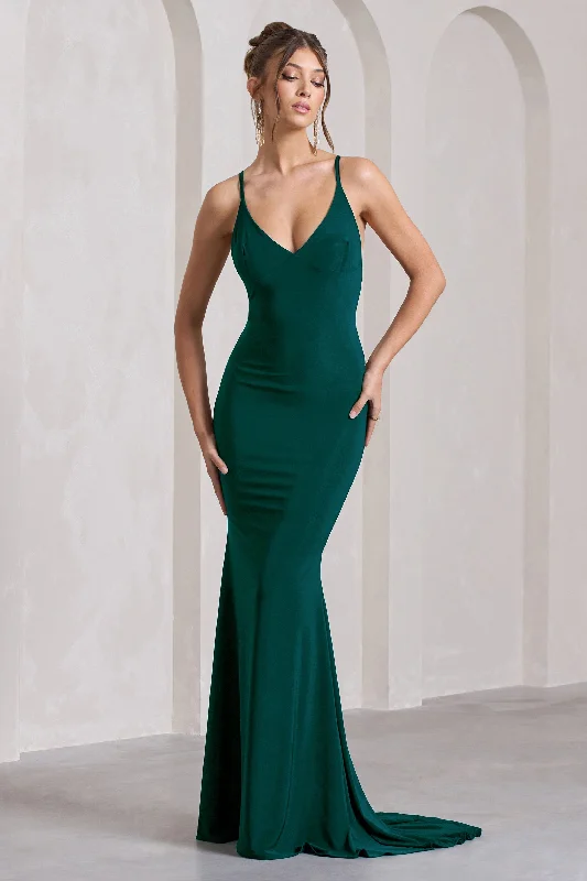 Lucky Number | Bottle Green Cross Back Fishtail Maxi Dress Stylish Longline Maxi Dress