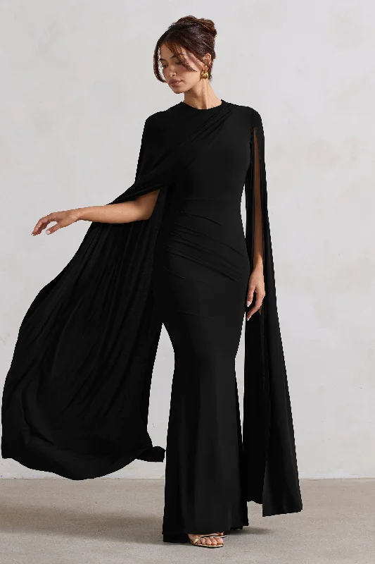 Magdelena | Black Asymmetric Cape Maxi Dress Elegant Sleeveless Maxi Dress