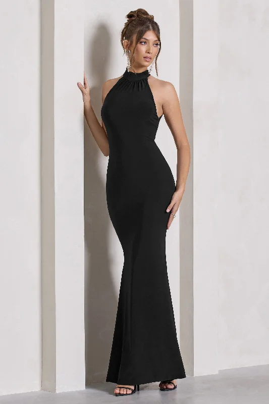 Malika | Black Sleeveless Halter-Neck Maxi Dress Elegant Maxi Dress with Belt