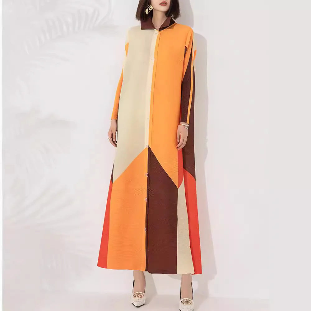 Miyake Pleated Color Block Maxi Dress Elegant Sleeveless Maxi Dress