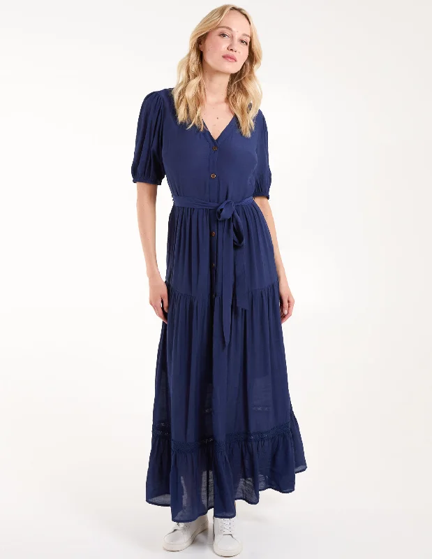 Button Through Tie Maxi Dress Trendy Short Sleeve Maxi Dress