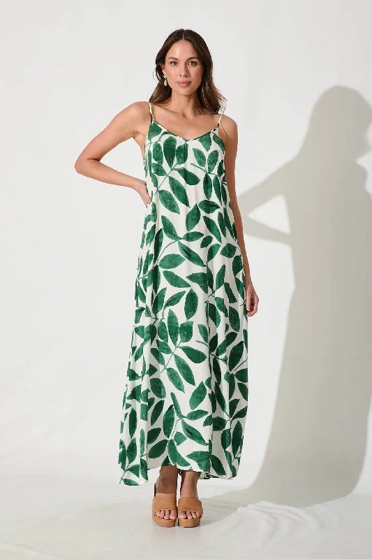 No Scrubs Maxi Dress In Cream With Green Leaf Print Trendy Ruffled Maxi Dress