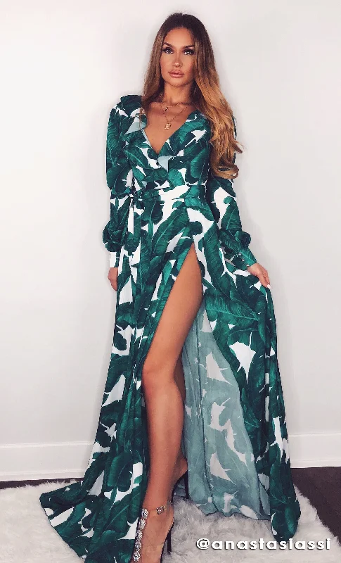 Ocean Drive Green White Leaf Pattern Long Sleeve Ruffle V Neck Double Split Maxi Dress Elegant Maxi Dress with Lace