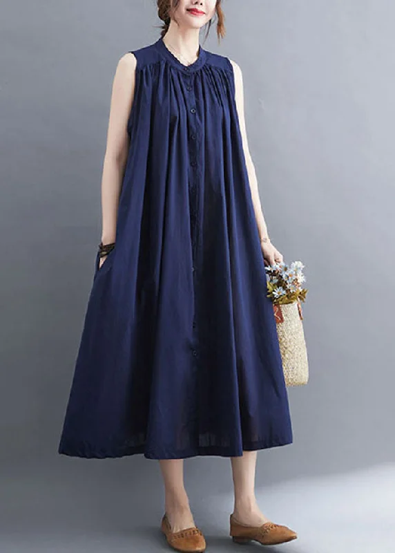 Original Design Navy O-Neck Button Cotton Maxi Dress Sleeveless Elegant Maxi Dress with Pockets