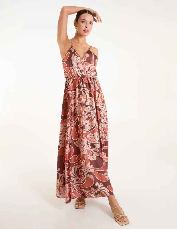 Paisley Printed Satin Wrap Maxi Dress Stylish Long Sleeve Maxi Dress