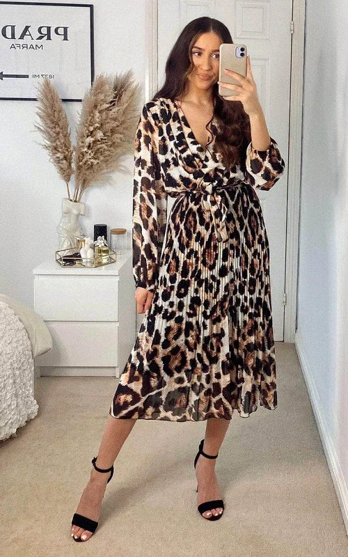 Pleated Leopard Print Maxi Dress Chic Summer Maxi Dress