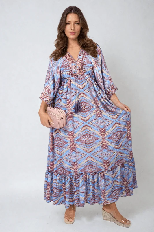 Printed Long V-Neck Ruffled Hem Maxi Dress with Front Tassel Detail Comfortable Ruffle Maxi Dress