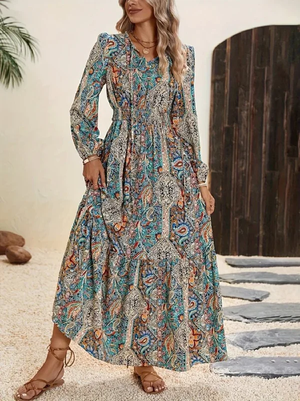 Printed Tie Neck Long Sleeve Maxi Dress Cozy Wrap Maxi Dress